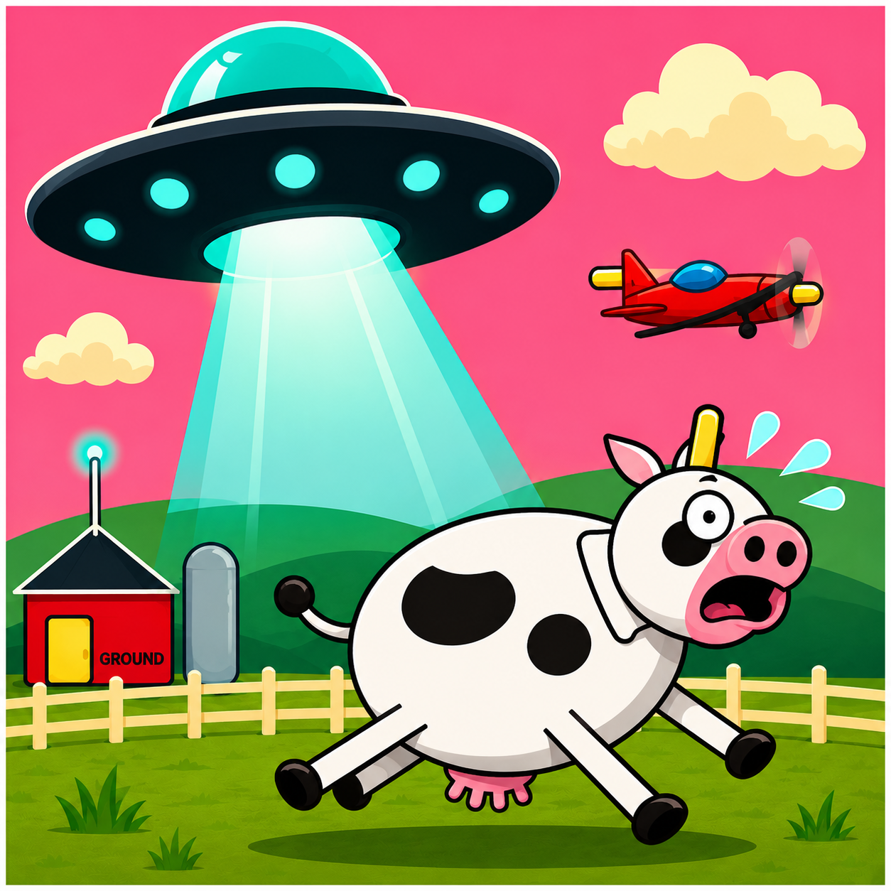 A scared cow running from a UFO on a farm